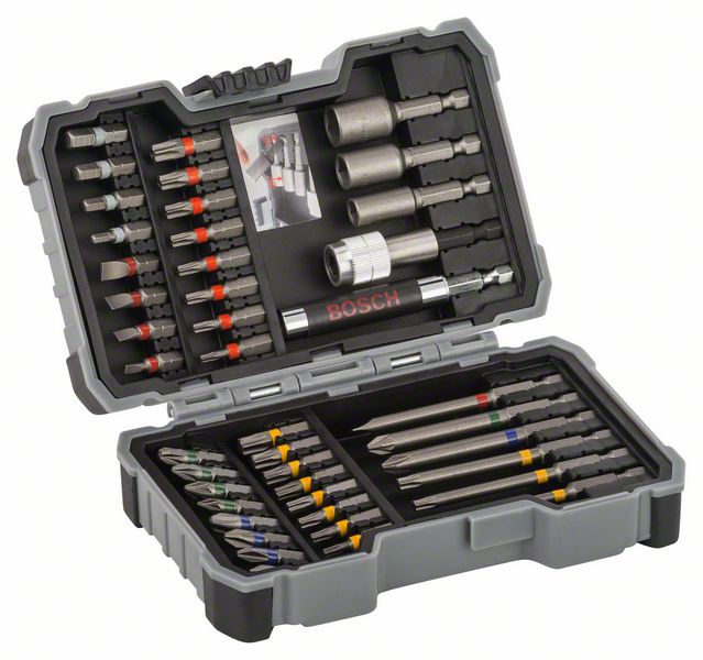BOSCH รุ่น 43-piece bit and nutsetter set, Extra Hard Screwdriver Bit Mixed PH, PZ, T, SL, H, and Quick Change Universal Holder and Magnetic Universal Holder